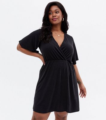 Curves Black Ribbed Mini Wrap Dress | New Look